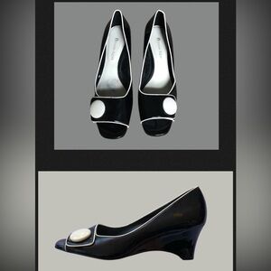 Etienne Aigner Acton Black and White Patent Wedges sz 7